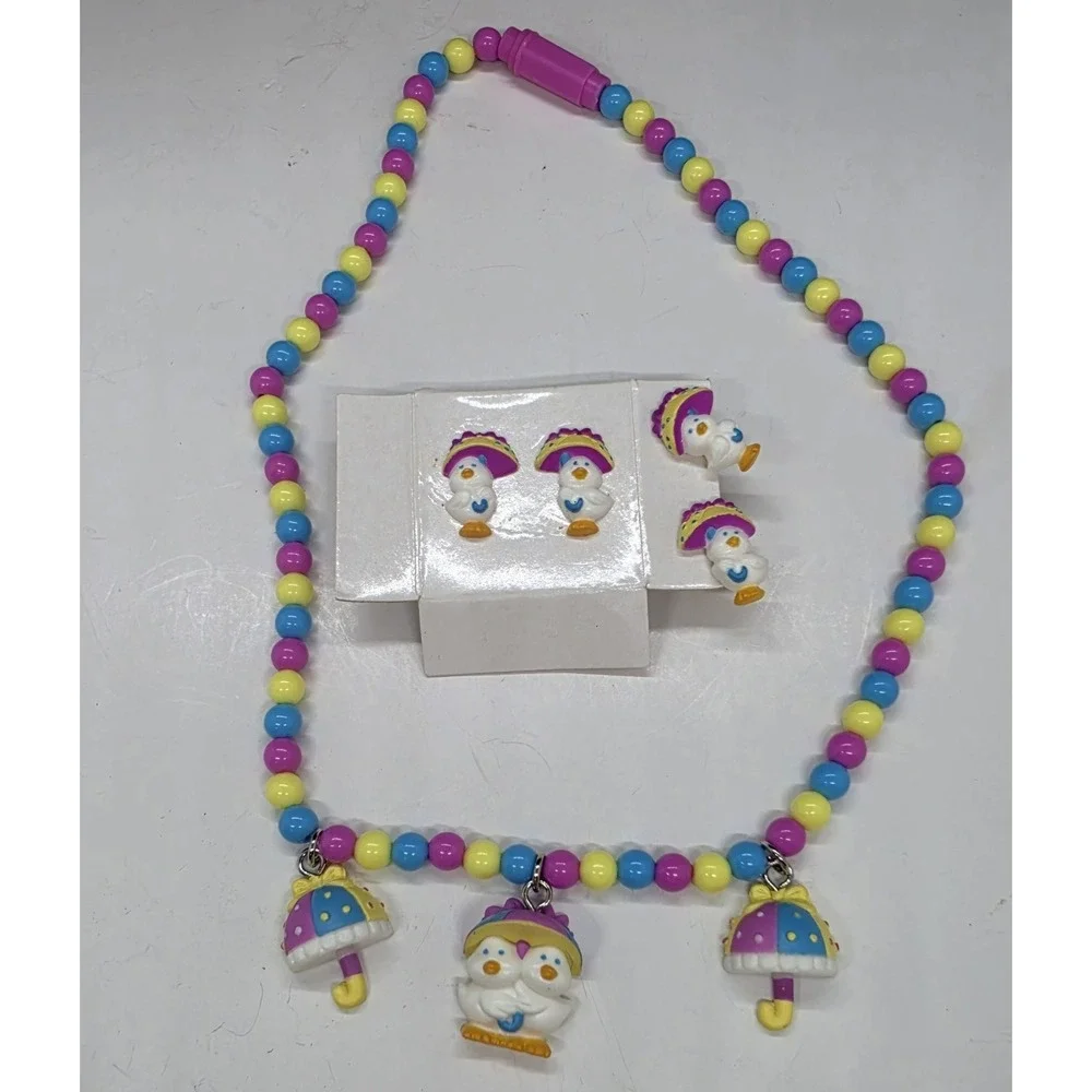 Vintage Avon Kids Rainy Day Ducks Necklace With Pierced And Clip on Earrings